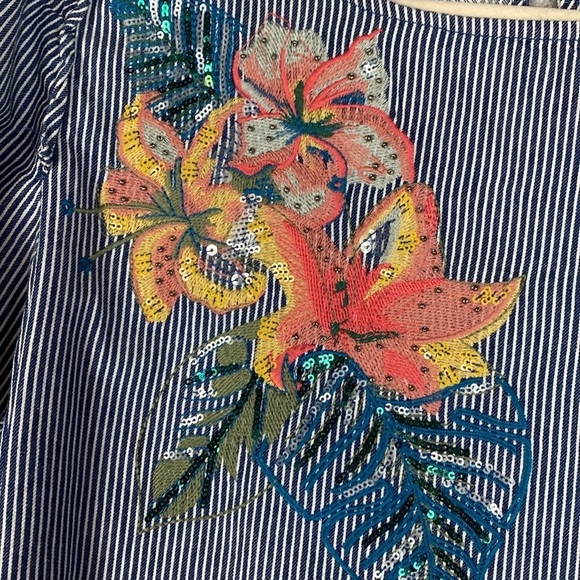Philosophy Floral Embroidered Striped Denim Shift Dress Midi boho cotton L - Picture 2 of 15